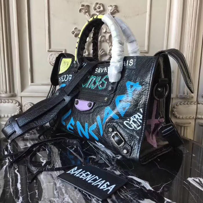 BALENCIAG巴黎世家 Graffiti Classic City30cm機車包 義大利爆裂紋羊皮 手繪彩色塗鴉 手提肩背斜挎包  BL1466